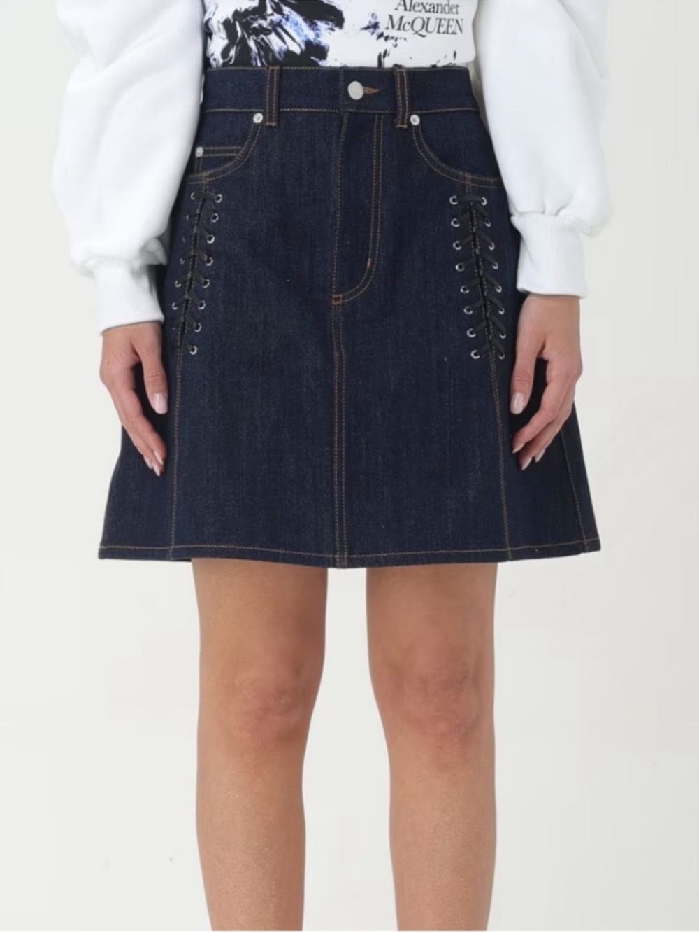 Alexander McQueen Navy Denim A-Line Mini Skirt with Lace-Up Sides